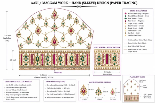 Heavy Maggam Work Sleeve Design with Kundan Stones and Pearl Embroidery paper tracing