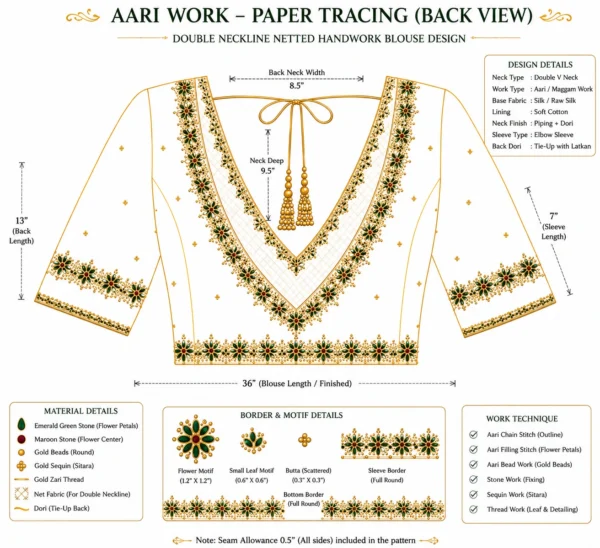 Back Paper Tracing Pattern for Double Neckline Netted Bridal Maggam Work Blouse Design