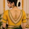 Back View Double Neckline Netted Bridal Aari Blouse with Floral Stone Work and Aari Embroidery
