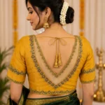 Back View Double Neckline Netted Bridal Aari Blouse with Floral Stone Work and Aari Embroidery