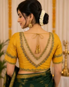 Back View Double Neckline Netted Bridal Aari Blouse with Floral Stone Work and Aari Embroidery