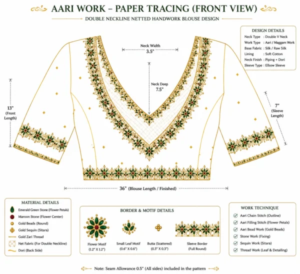 Front Paper Tracing Pattern for Double Neckline Netted Bridal Aari Work Blouse