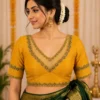 Double Neckline Netted Bridal Aari Blouse Design with Mustard Yellow and Deep Green Maggam Work Embroidery