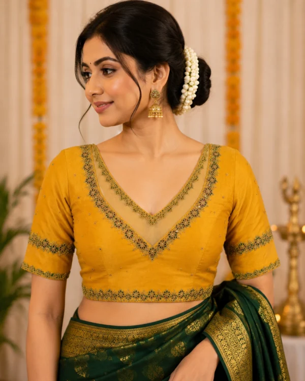 Double Neckline Netted Bridal Aari Blouse Design with Mustard Yellow and Deep Green Maggam Work Embroidery