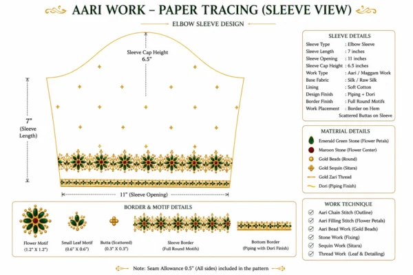 Sleeve Paper Tracing Design for Bridal Aari Embroidery and Maggam Work Blouse
