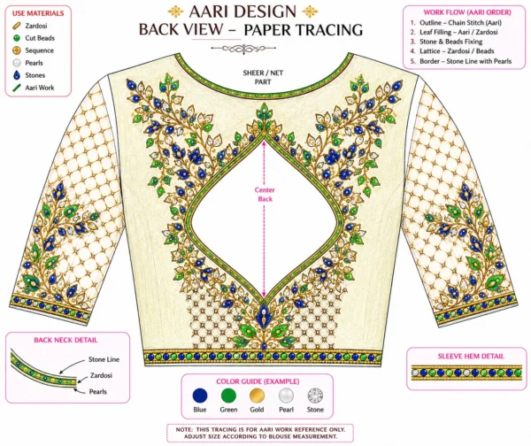 Back tracing pattern for designer bridal Aari blouse embroidery work