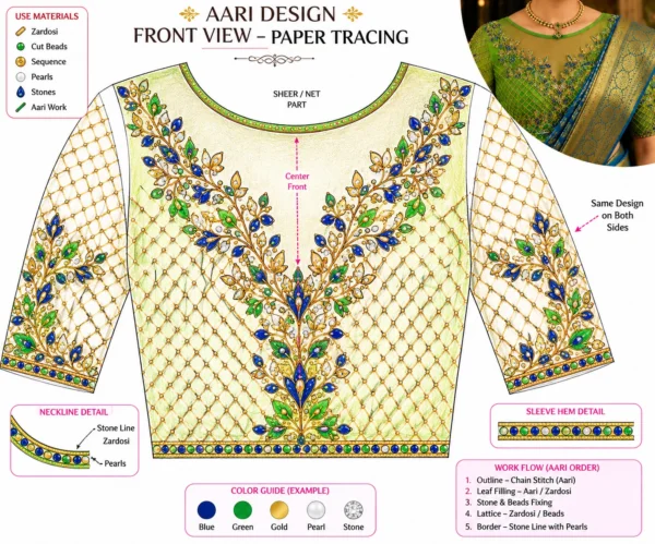 Front tracing pattern for bridal Aari embroidery and Maggam work blouse design