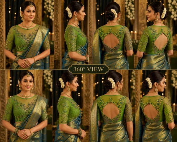 360 degree view of luxury bridal Aari blouse with premium embroidery and wedding saree styling