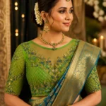 Luxury emerald green bridal Aari blouse front design with floral Maggam work embroidery
