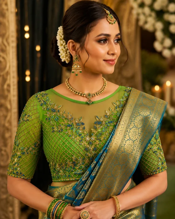 Luxury emerald green bridal Aari blouse front design with floral Maggam work embroidery