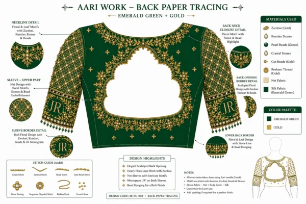 Back Paper Tracing Design for Emerald Green Bridal Aari Blouse Scalloped Neck Pattern