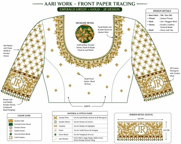 Front Paper Tracing Design for Emerald Green Bridal Aari Blouse with Gold Embroidery