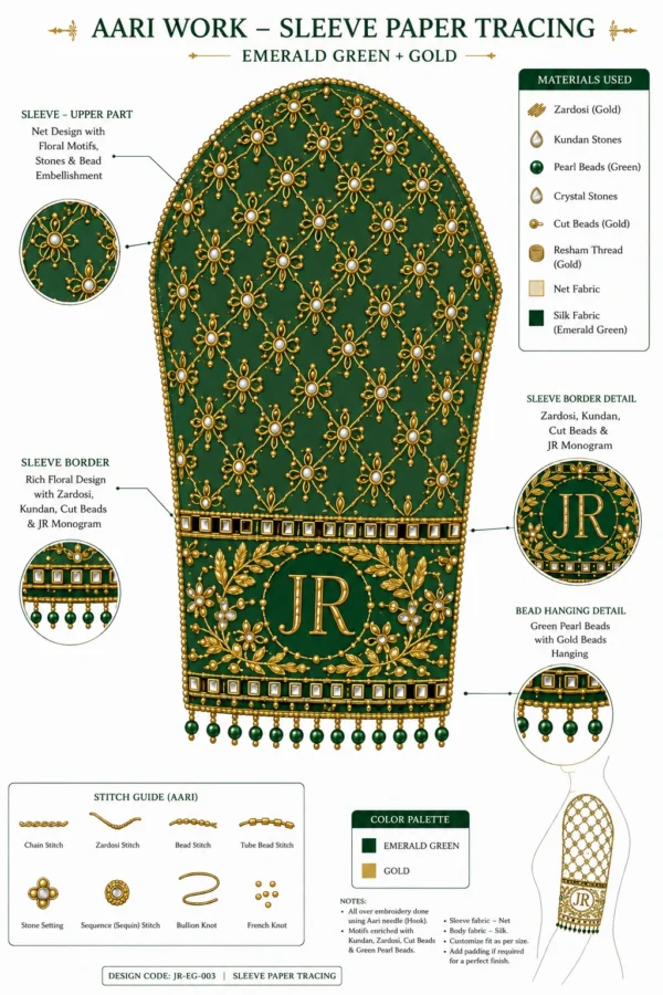 Sleeve Paper Tracing Design for Bridal Aari Embroidery with JR Monogram and Bead Hanging