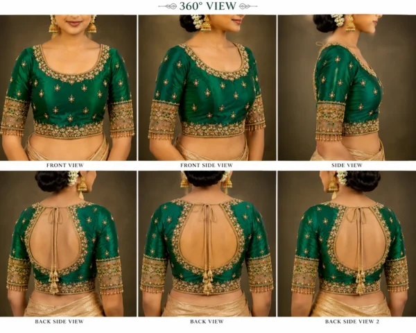 360 Degree View of Emerald Green Bridal Aari Blouse Design