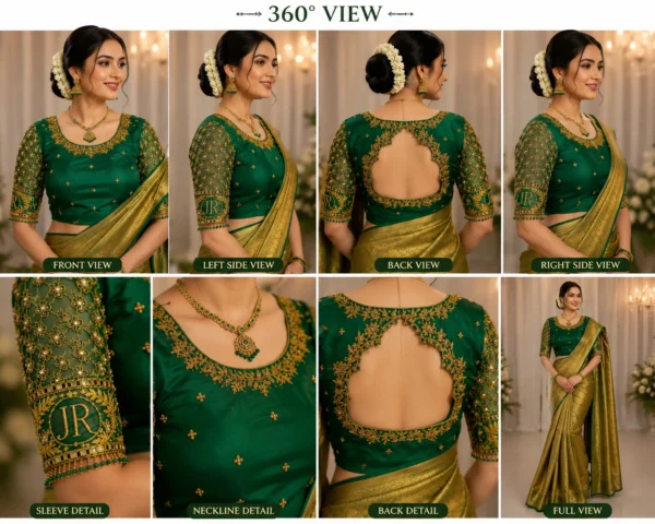 360 Degree View of Emerald Green Bridal Aari Blouse with Premium Maggam Work