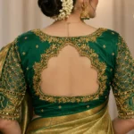 Emerald Green Bridal Aari Blouse Back Neck Design with Scalloped Aari Embroidery and JR Monogram