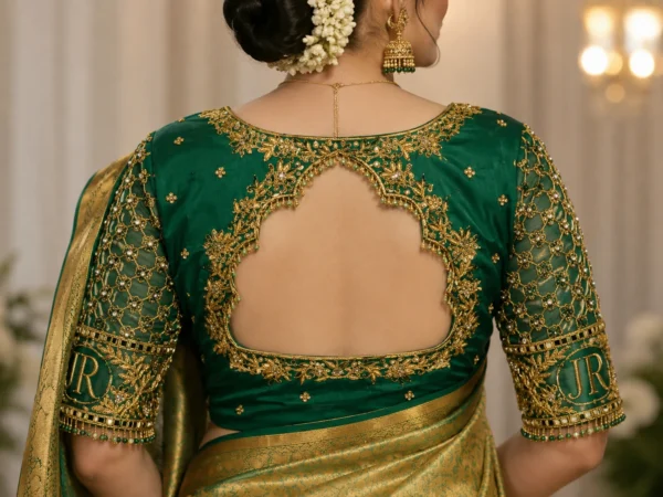 Emerald Green Bridal Aari Blouse Back Neck Design with Scalloped Aari Embroidery and JR Monogram