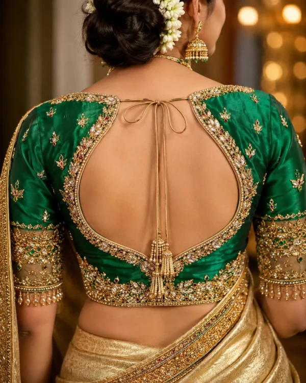 Emerald Green Bridal Aari Blouse Back Design with Antique Gold Aari Embroidery