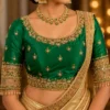 Emerald Green Bridal Aari Blouse Design with Antique Gold Maggam Work Front View