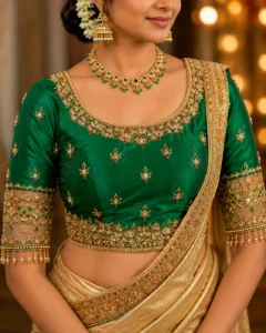 Emerald Green Bridal Aari Blouse Design with Antique Gold Maggam Work Front View