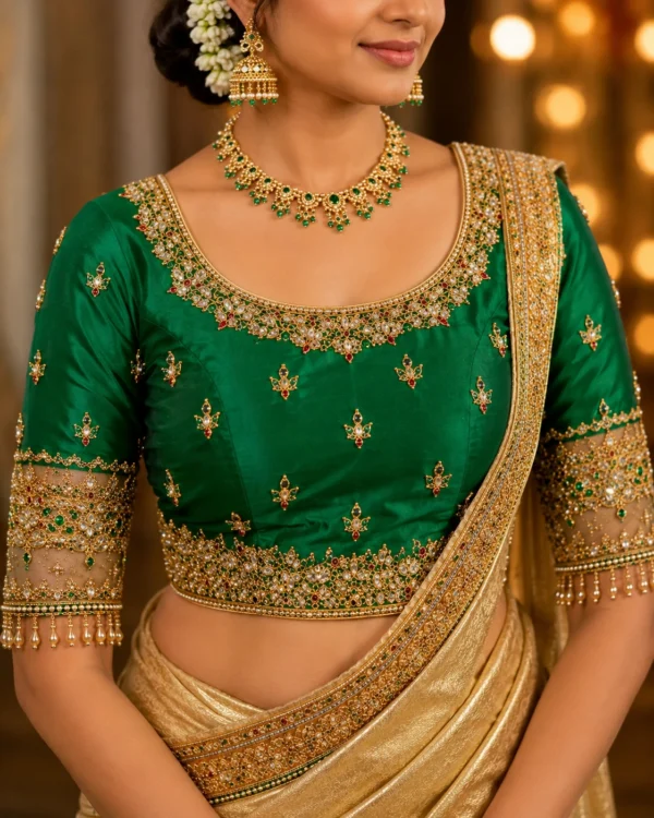 Emerald Green Bridal Aari Blouse Design with Antique Gold Maggam Work Front View