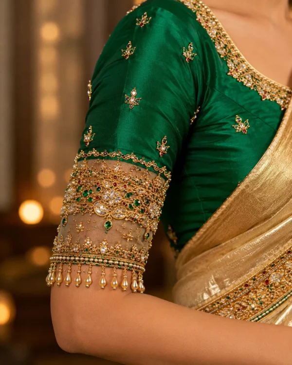 Designer Net Sleeve Bridal Aari Blouse with Antique Gold Maggam Work