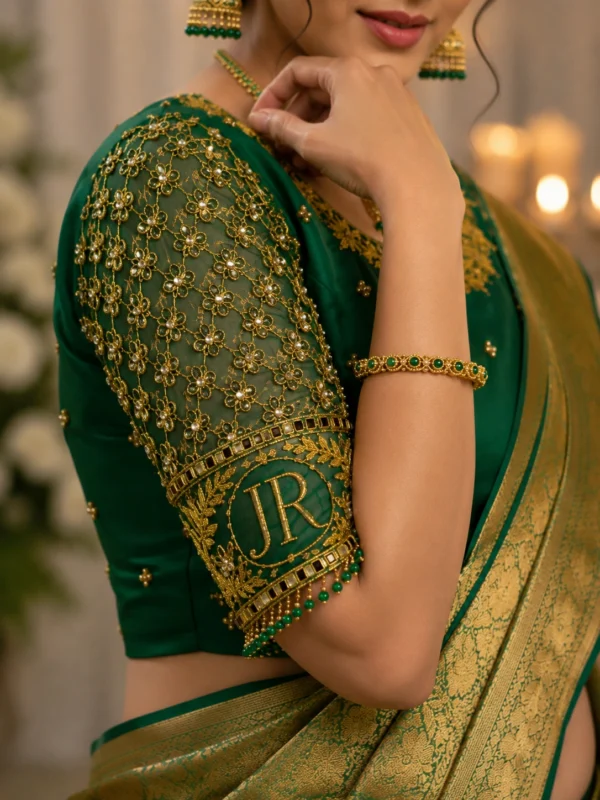 Luxury Bridal Aari Sleeve Design with JR Monogram Gold Embroidery and Kundan Work