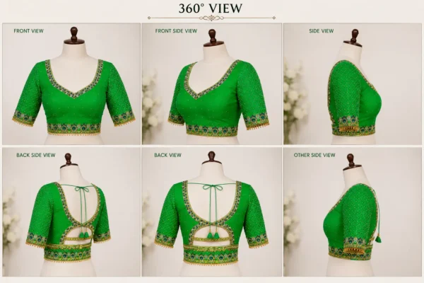360 Degree View of Green Peacock Bridal Aari Work Blouse Design