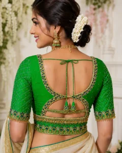 Green Peacock Bridal Aari Work Blouse Back Neck Design with Cutwork Pattern