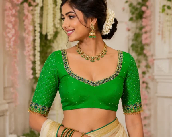 Green Peacock Bridal Aari Work Blouse Front Design with Stone Embroidery