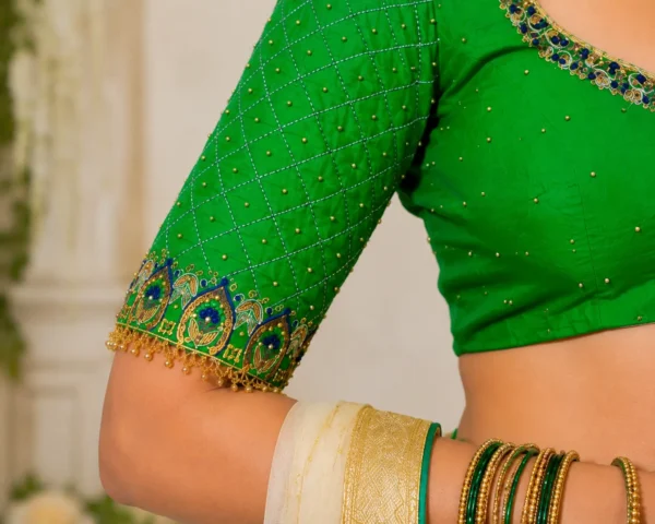 Diamond Pattern Sleeve Aari Embroidery with Peacock Border Work