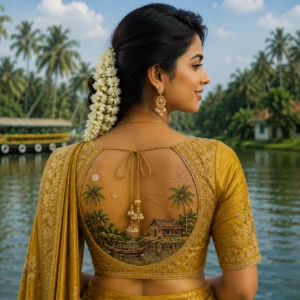 Deep back Kerala houseboat bridal blouse with scenic backwater Aari embroidery and Maggam work