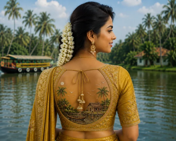 Deep back Kerala houseboat bridal blouse with scenic backwater Aari embroidery and Maggam work