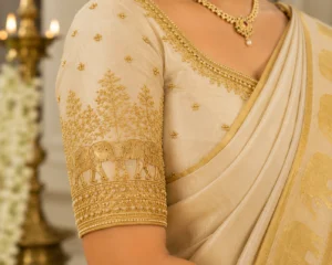 Kerala Elephant Sleeve Aari Work Design with Traditional Temple Motifs
