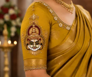 Kerala Kathak face sleeve Aari Embroidery design with premium bead work and temple art Maggam Work