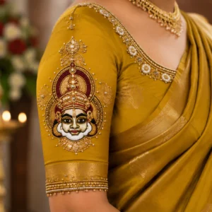 Kerala Kathak face sleeve Aari Embroidery design with premium bead work and temple art Maggam Work
