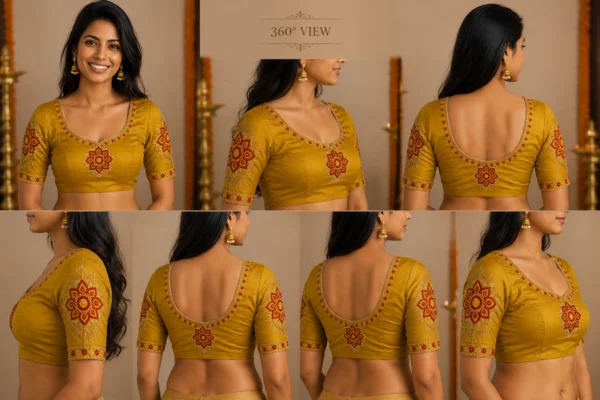 360 degree Kerala Kolam Aari blouse showcasing front back and sleeve bridal embroidery details
