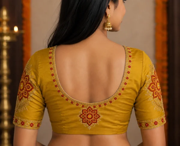 Kerala bridal Aari blouse back neck design with floral kolam embroidery and premium maggam work