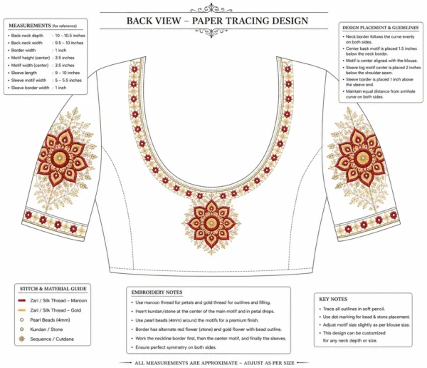 Kerala Kolam Aari Blouse Design back view featuring floral mandala embroidery and bridal maggam work paper tracing