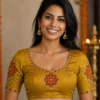 Kerala Kolam Aari Blouse Design front view featuring floral mandala embroidery and bridal maggam work