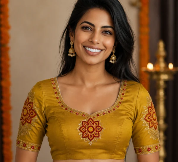 Kerala Kolam Aari Blouse Design front view featuring floral mandala embroidery and bridal maggam work