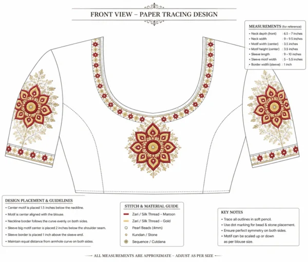 Kerala bridal Aari blouse back neck design with floral kolam embroidery and premium maggam work paper tracing