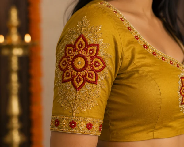 Kerala Kolam sleeve embroidery design with floral Aari work, zari and stone embellishments
