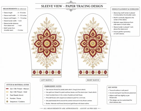 Kerala Kolam sleeve embroidery design with floral Aari work, zari and stone embellishments paper tracing