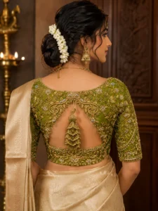 Deep back bridal Aari blouse with peacock tassel embroidery design