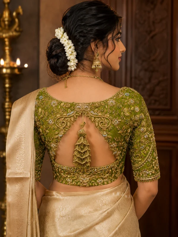 Deep back bridal Aari blouse with peacock tassel embroidery design