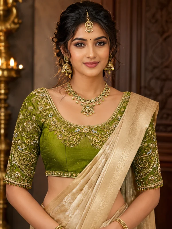 Luxury Bridal Aari Blouse Design with heavy Maggam Work and floral embroidery