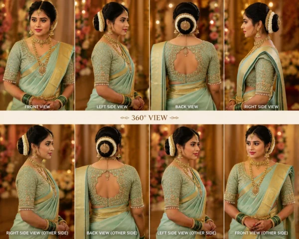 360 degree bridal blouse showcase featuring luxury Aari Design and Maggam Work
