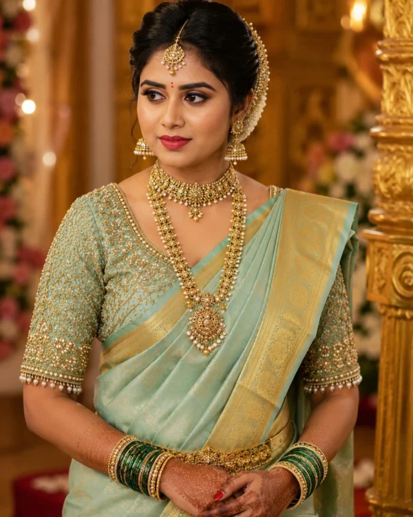 Luxury Mint Green Bridal Aari Design Blouse with heavy Maggam Work and floral embroidery