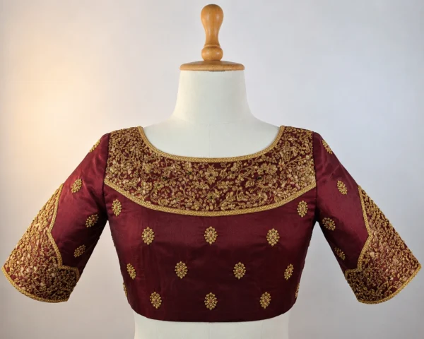 Maroon Bridal Aari Blouse Design with Antique Gold Maggam Work Front View